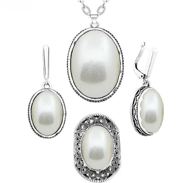 Oval Pearl Jewelry Set Choker Necklace Earrings Rings For Women