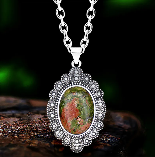 Vintage Look Natural Stone Unakite Leaf Pendant Necklace For Women