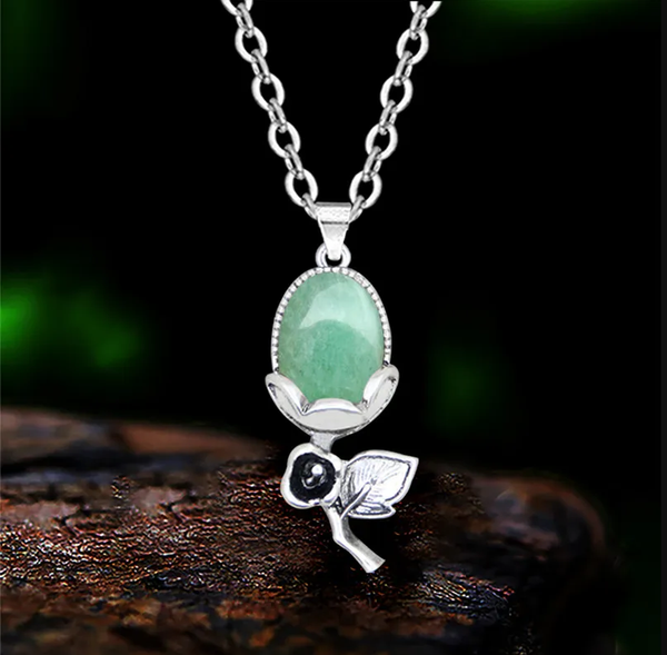 Vintage Rose Flower Pendant Natural Stone Jades Quartz Necklace For Women