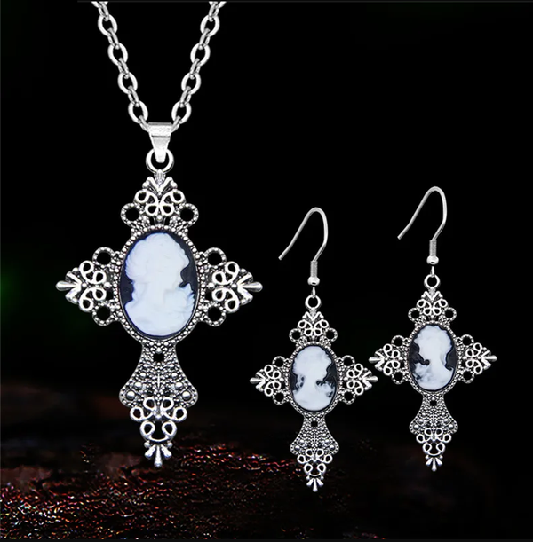 Cross Pendant Lady Queen Cameo Sets For Women Antique Silver Plated Cameo Necklace Earring