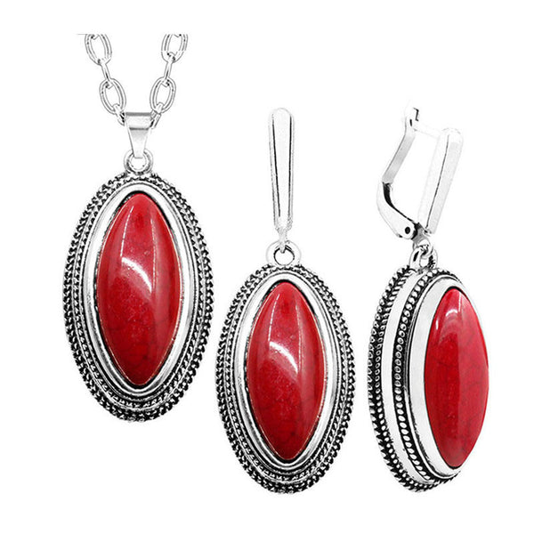 Double Layer Rhombus Red Stone Set Retro Necklace Earrings Set For Women