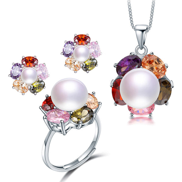 Romantic 5 Colorful Flowers Zircon 925 Sterling Silver Jewelry Set