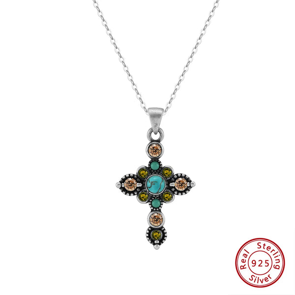 925 Silver Turquoise Cross Pendant Necklace