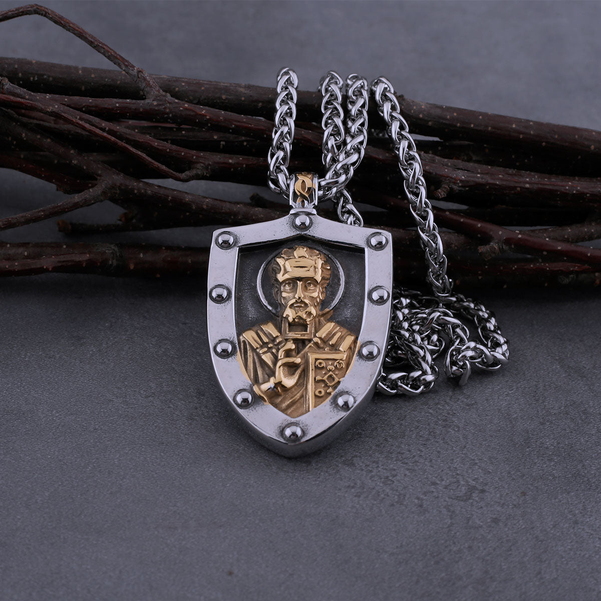 Stainless Steel Saint Nicholas Christian Necklace Men's