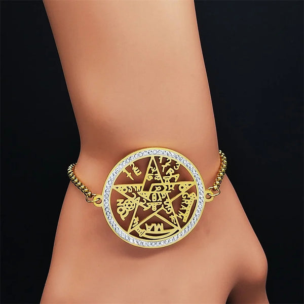 Witchcraft Tetragrammaton Pentagram Sigil Crystal Stainless Steel Bracelet Women