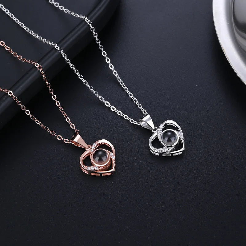 Projection Necklace With Rotating Rose Gift 100 Languages I Love You Heart Pendant Jewelry For Women