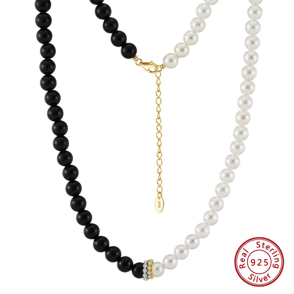 925 Silver Obsidian Beads Necklace with Shell Pearl New Design Black Stone Neck Chain