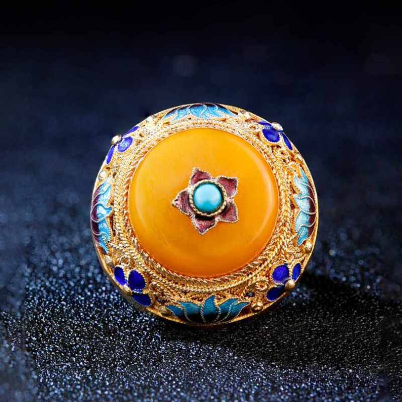 Ancient gold craftsmanship natural yellow chalcedony lotus enamel porcelain rings for women