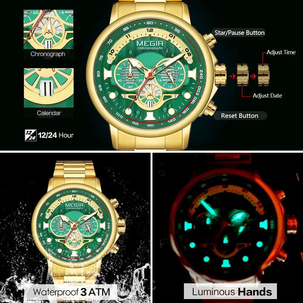 Gold Green Quartz Watch for Men Fashion Stainless Steel Chronograph Luminous Wristwatch