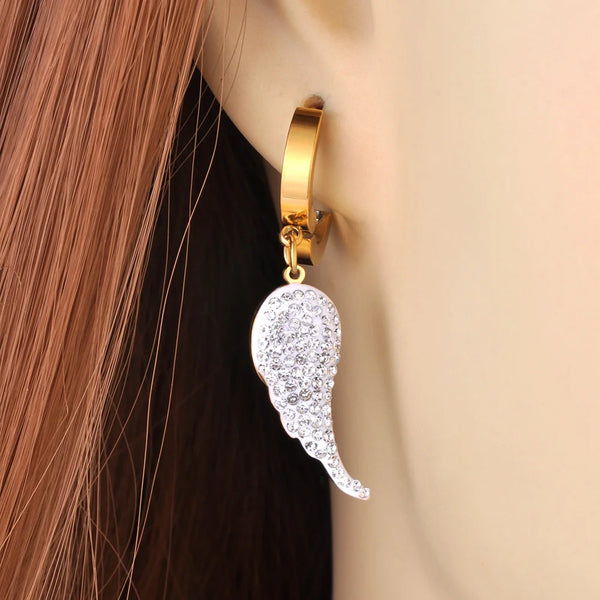 White Clay Crystal Angel Wings Hoop Earrings For Women