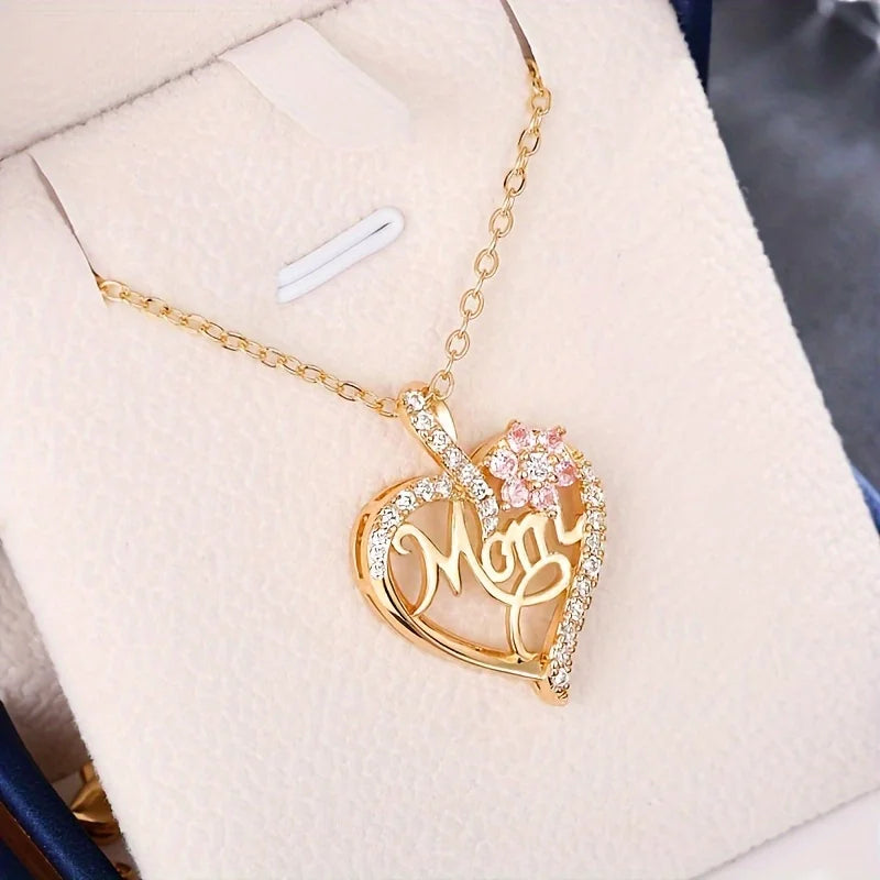 Mom Heart Pendant Necklace With Rose Gift Box For Mom Birthday Christmas Romantic Gift