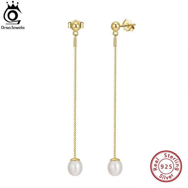 Long Chain Pearl Earrings for Women 14k Gold Plated Sterling Silver Pearl Tassel Dangle Earrings