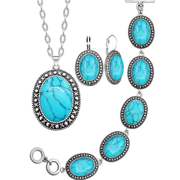 Vintage Oval Synthetic Turquoises Jewelry Sets Necklace Bracelet Earrings For Women