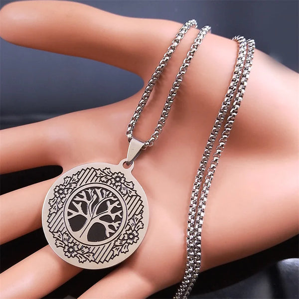 Yoga Tree of Life Chain Necklace for Women Men Stainless Steel Silver Color Aesthetic Flower Chain