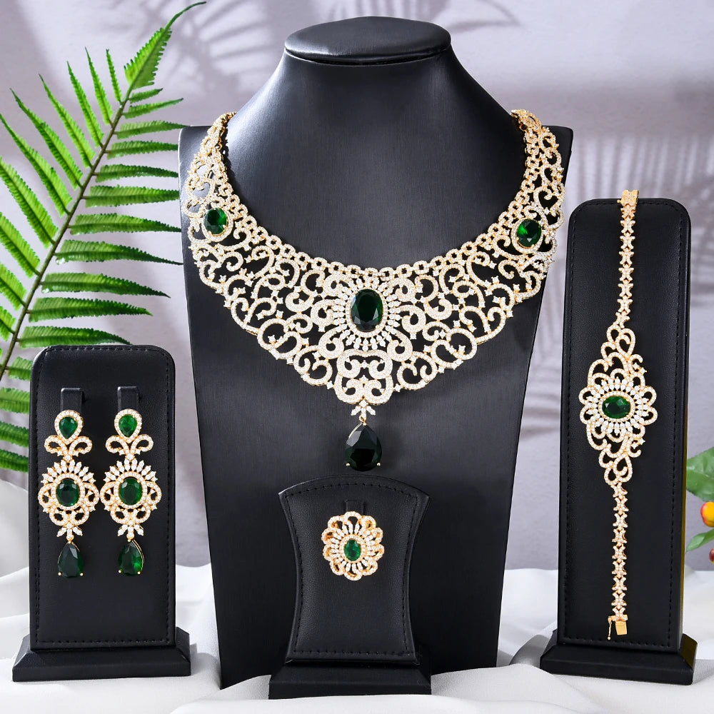 Original Luxury Green CZ Necklace Bangle Earrings Ring 4PCS For Women