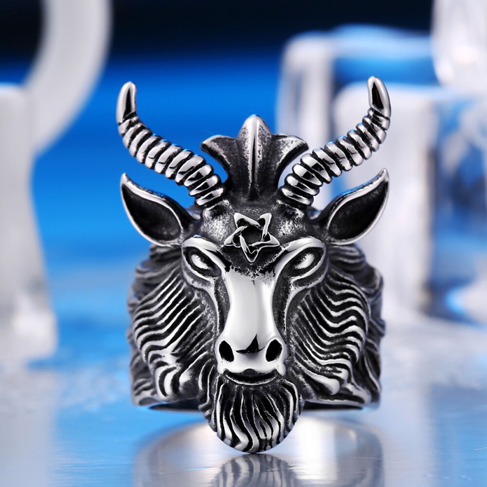 Gothic Men Satan Ring Stainless Steel Punk Biker Satan Six Pointed Star Animal Goat Head Ring