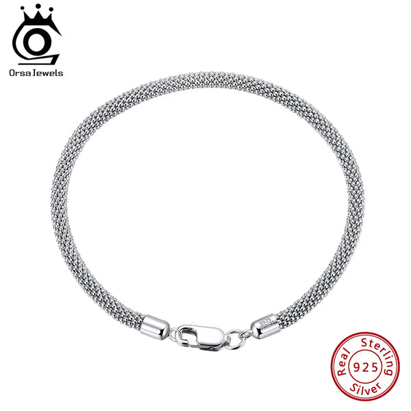 925 Sterling Silver 3.0mm Mesh Popcorn Chain Bracelet