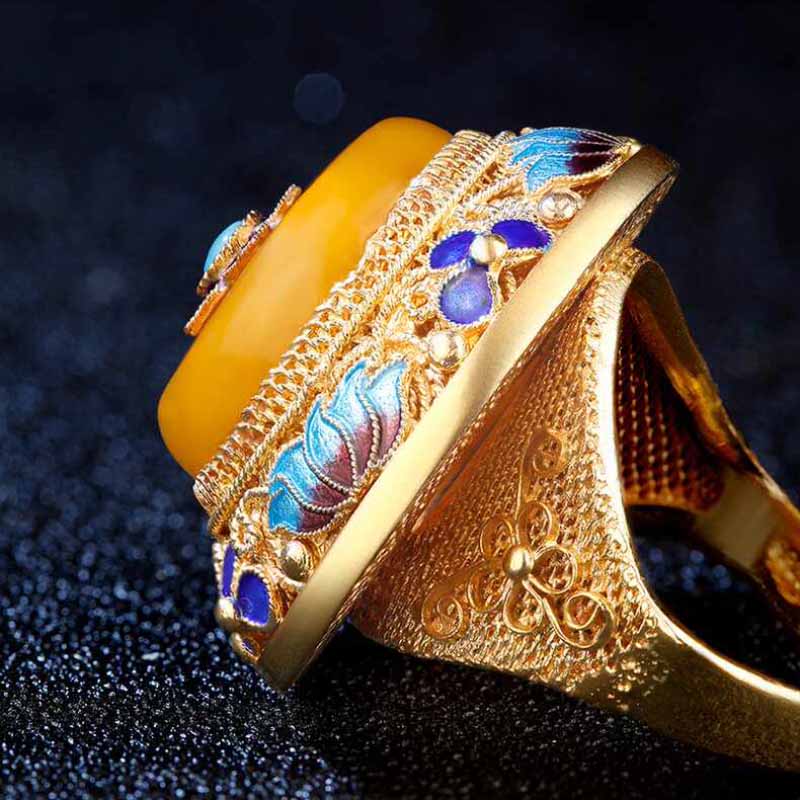 Ancient gold craftsmanship natural yellow chalcedony lotus enamel porcelain rings for women