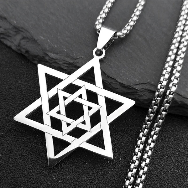 Jewish Hexagram Symbol Pendant Necklace Stainless Steel Silver Color