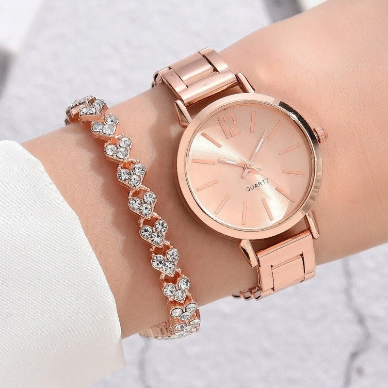 2pcs Set Watch Luxury Women Fashion Gold Bracelet Quartz Wristwatch