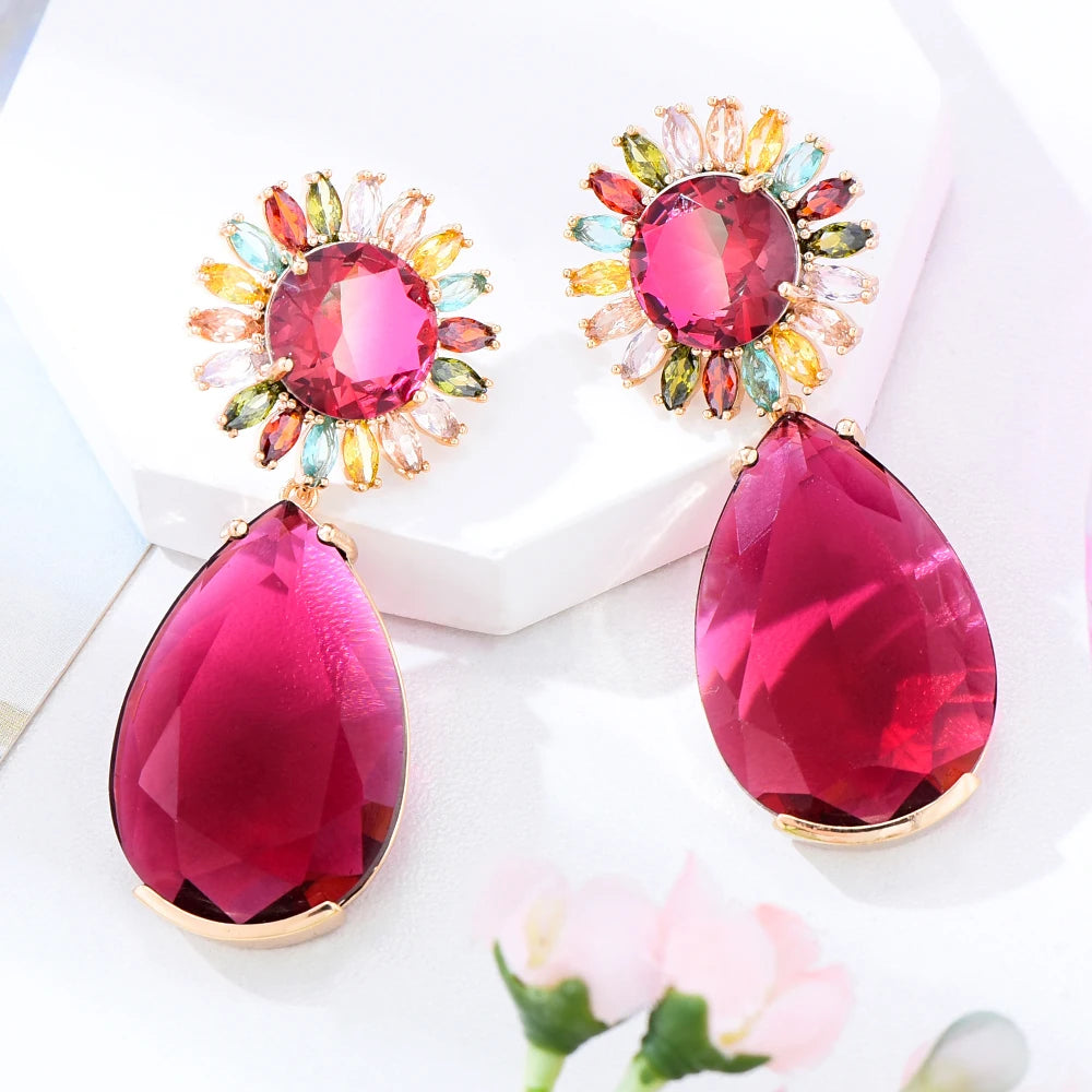 New Design Big Red Earrings Jewelry Luxury Zircon Flower Elegant Women Shiny Wedding Party Earrings