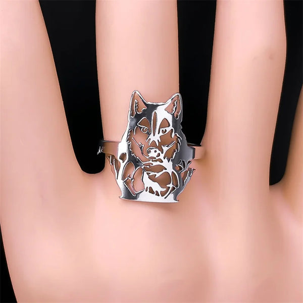 Aesthetic Wolf Howling Ring Stainless Steel Adjustable Finger Rings for Women Men