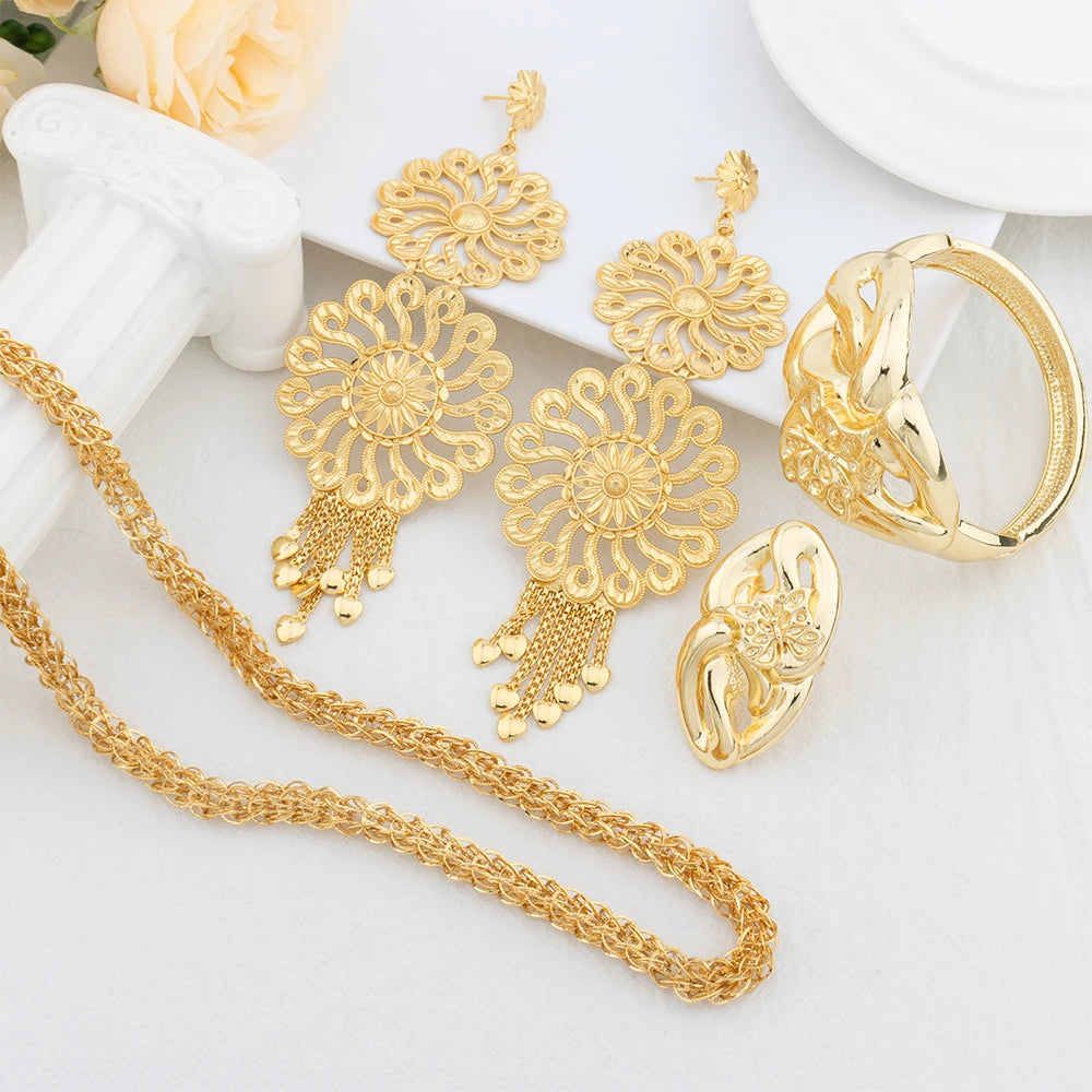 Tassels Earrings Adjustable Ring Bracelet Gold Plated Necklace Jewelry Set for Women