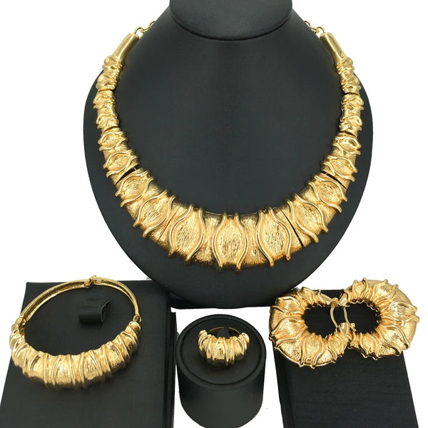 Italian Luxury Gold Plated Jewelry Sets Necklace Bracelet Earrings Ring Woman