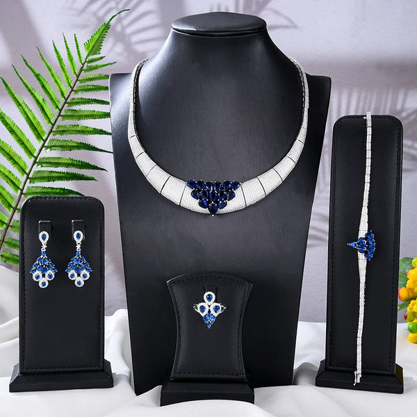 Original Luxury Blue CZ Necklace Bangle Earrings Ring 4PCS For Women