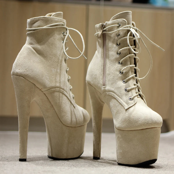 17CM High Heel(7Inch) Faux Suede Platform Lace-Up Front Pole Dancing Peep Toe Ankle Boots