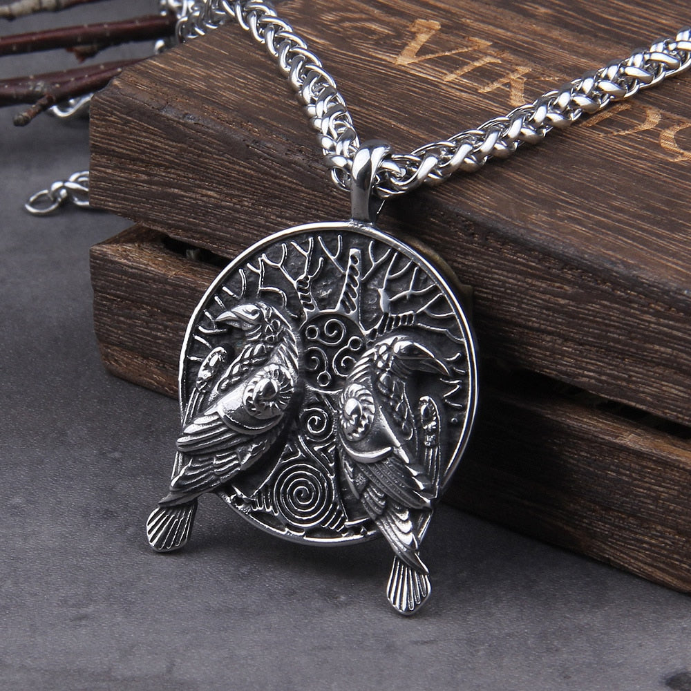 black Norse Odin Huginn And Muninn Raven Pendant Necklace