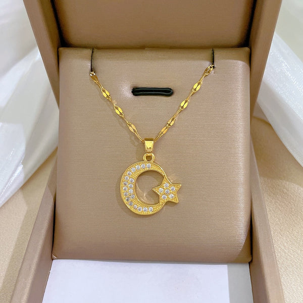 Gold Color Korean Sweet Moon Star Pendant Necklace For Women