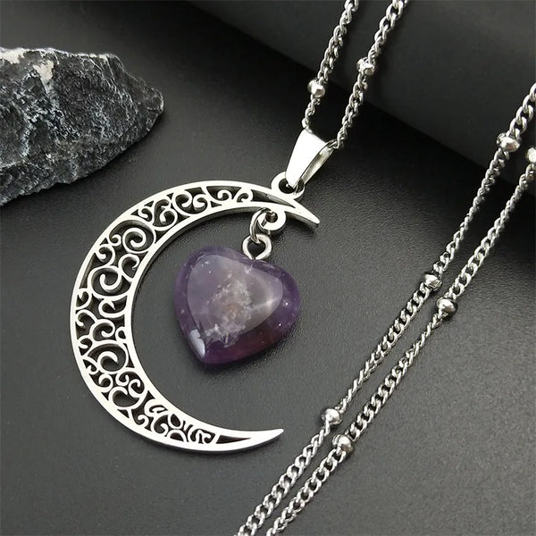 Witchcraft Witch Crescent Moon Stainless Steel Purple Crystal Chain Necklace Women