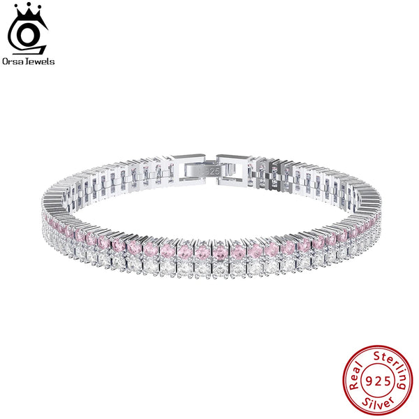 2 Rows Tennis Bracelet 925 Sterling Silver 2.0mm Clear&Pink Zircon Women's