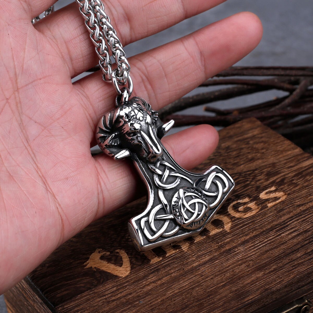 Stainless Steel Viking Mjolnir Thor's hammer Ram Necklace for Men