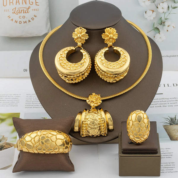 Dubai  Gold Color Hoop Round Earrings Necklace Cuff Bracelet Ring Jewelry Set for Women