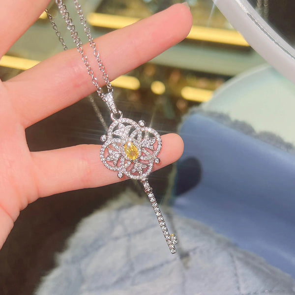 New Silver Color Pavé Yellow Crystal Key Pendant Necklaces For Women