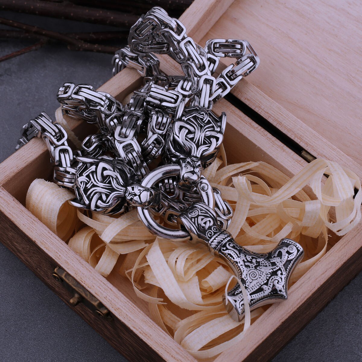 Viking Stainless Steel Wolf Head Thor's Hammer Set Necklace Punk Men's