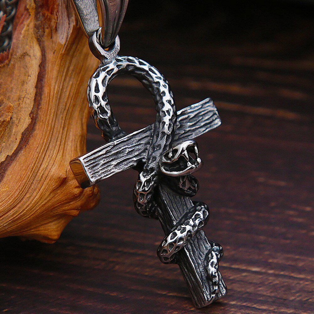 Vintage Stainless Steel Cross Snake Necklace Men Fashion Ancient Egypt Cross Pendant