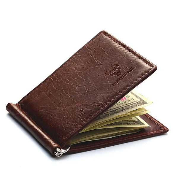 Men Women Genuine Leather Bifold Male Purse Billfold Wallet Money Clip Female Clamp for Money Case