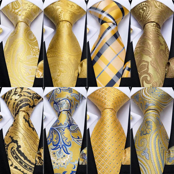 Yellow Mens Ties Pocket Square Cufflinks Set 100% Silk Neck Ties Set For Men