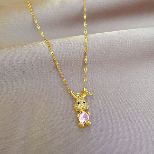 Cute Rabbit Pink Crystal Pendant Necklace For Women