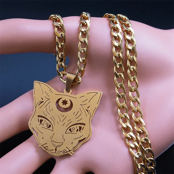 Witchcraft Cat Head Moon Star Necklaces for Women/Men