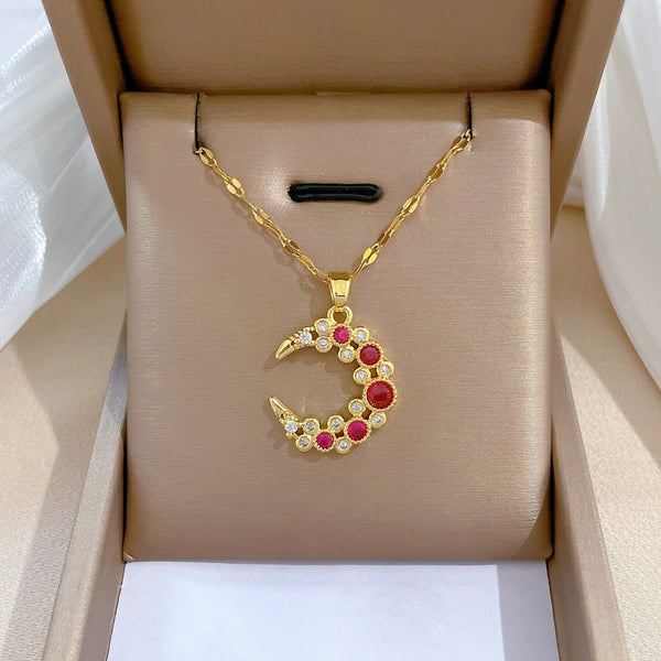 Gold Plated Trendy Simple Colorful Rhinestone Moon Shaped Pendant Necklace For Women