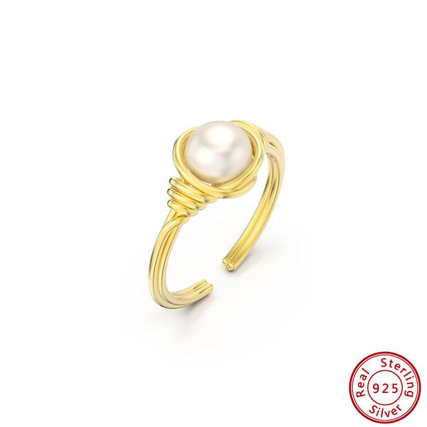 925 Sterling Silver Simple Round Pearl Adjustable Finger Rings For Women