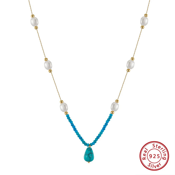 925 Sterling Silver Turquoise Necklace with Natural Pearls Vintage Choker Neck Chain