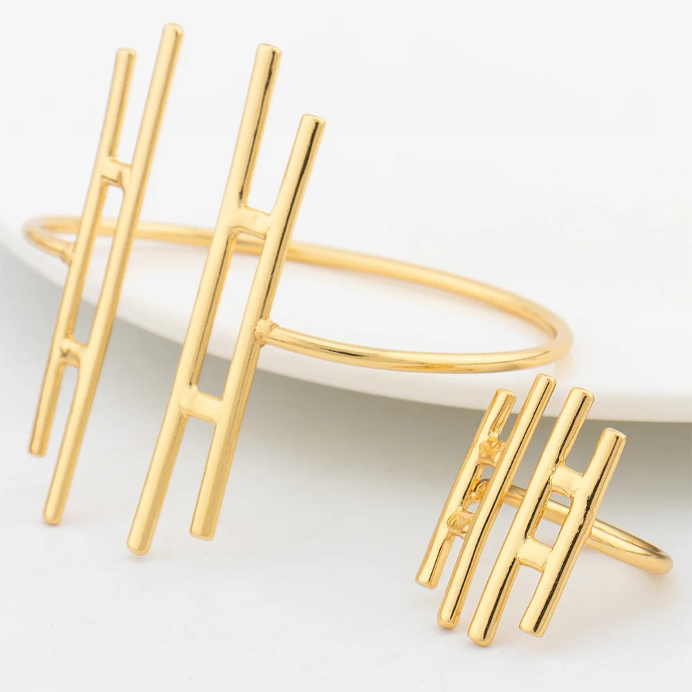 Jewelry Sets For Women 45CM Gold Color Necklace Cuff Bangles H Letter Earring Adjustable Ring