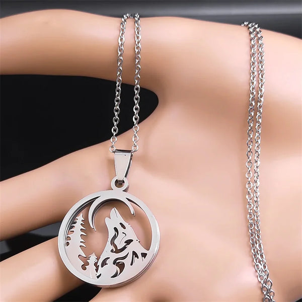 Wolf Forest Crescent Moon 3 Layers Pendant Necklace