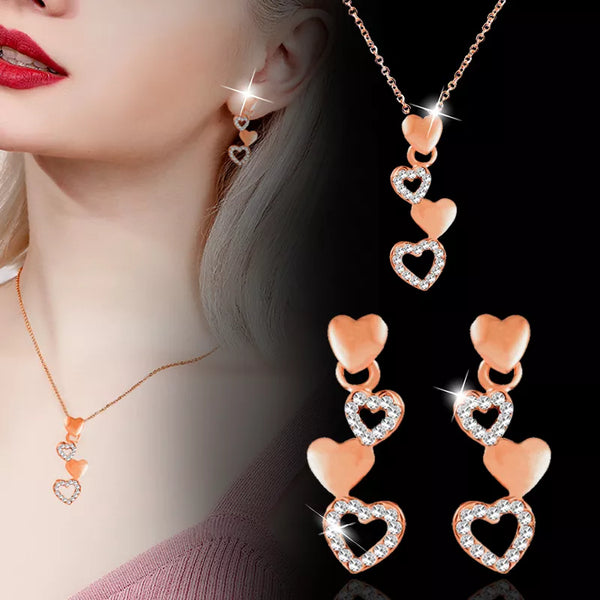 Heart To Heart Pendant Necklace Earrings Set Rose Gold Color Necklace For Women