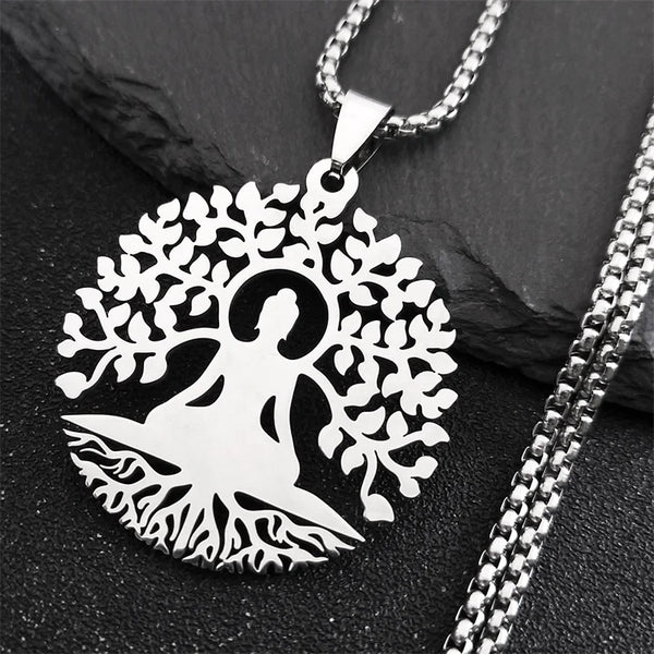 Buddhism Meditation Buddha Yoga Pendant Necklace Stainless Steel Tree of Life Necklace